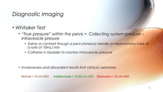 Diagnostic Imaging
• Whitaker Test
• “True pressure” within the pelvis = Collecting system pressure –
intravesicle presure
• Saline or contrast though a percutaneous needle or nephrostomy tube at
a rate of 10mL/ min
• Catheter in bladder to monitor intravesicle pressure
• Invasiveness and discordant results limit clinical usefulness
Normal < 15 cm H2O Indeterminate = 15-22 cm H2O Obstruction > 22 cm H2O
26
 