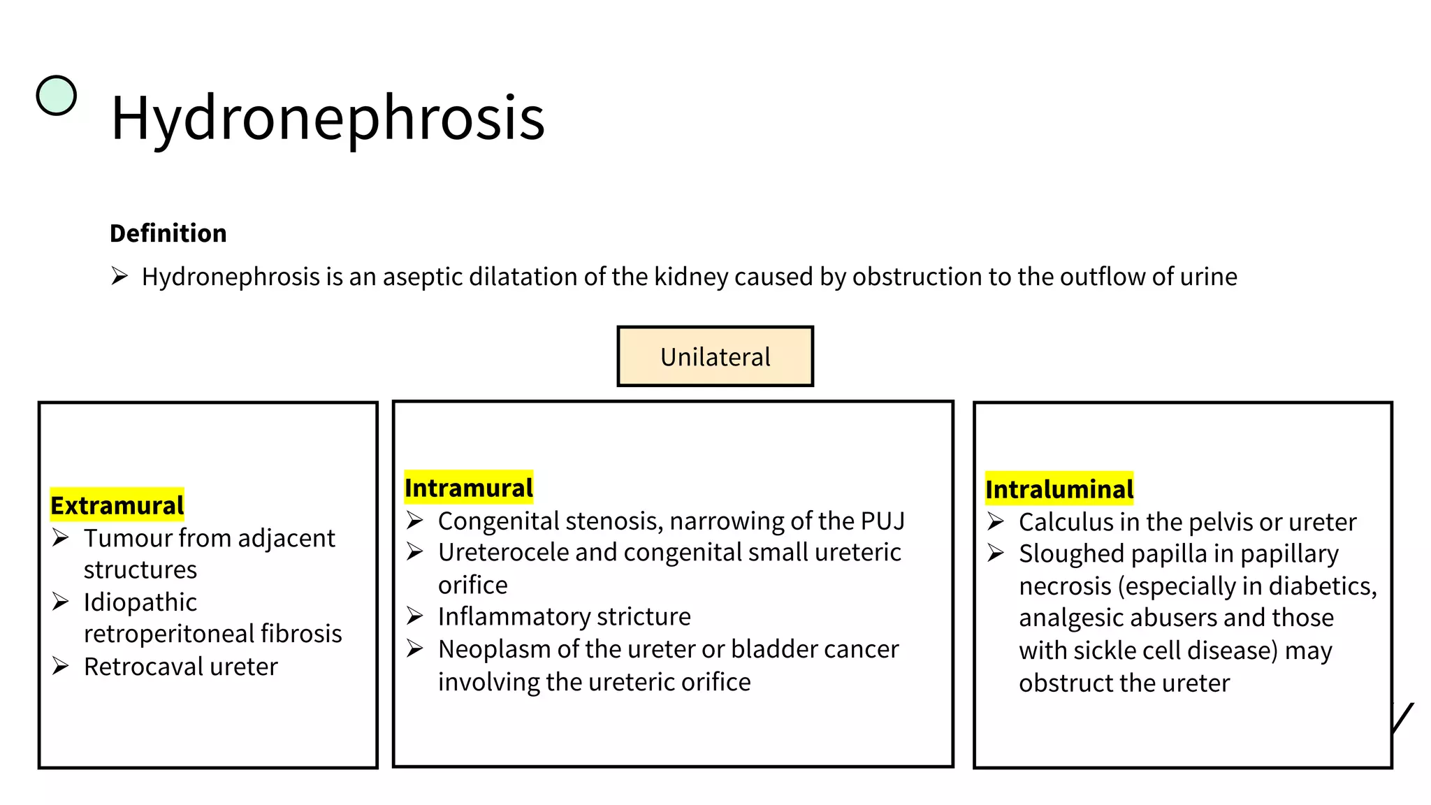 Hydronephrosis
Definition
Ø Hydronephrosis is an aseptic dilatation of the kidney caused by obstruction to the outflow of urine
Extramural
Ø Tumour from adjacent
structures
Ø Idiopathic
retroperitoneal fibrosis
Ø Retrocaval ureter
Unilateral
Intramural
Ø Congenital stenosis, narrowing of the PUJ
Ø Ureterocele and congenital small ureteric
orifice
Ø Inflammatory stricture
Ø Neoplasm of the ureter or bladder cancer
involving the ureteric orifice
Intraluminal
Ø Calculus in the pelvis or ureter
Ø Sloughed papilla in papillary
necrosis (especially in diabetics,
analgesic abusers and those
with sickle cell disease) may
obstruct the ureter
 