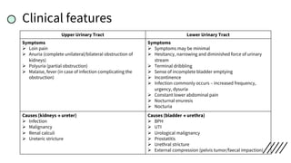 Clinical features
Upper Urinary Tract Lower Urinary Tract
Symptoms
Ø Loin pain
Ø Anuria (complete unilateral/bilateral obstruction of
kidneys)
Ø Polyuria (partial obstruction)
Ø Malaise, fever (in case of infection complicating the
obstruction)
Symptoms
Ø Symptoms may be minimal
Ø Hesitancy, narrowing and diminished force of urinary
stream
Ø Terminal dribbling
Ø Sense of incomplete bladder emptying
Ø Incontinence
Ø Infection commonly occurs – increased frequency,
urgency, dysuria
Ø Constant lower abdominal pain
Ø Nocturnal enuresis
Ø Nocturia
Causes (kidneys → ureter)
Ø Infection
Ø Malignancy
Ø Renal calculi
Ø Ureteric stricture
Causes (bladder → urethra)
Ø BPH
Ø UTI
Ø Urological malignancy
Ø Prostatitis
Ø Urethral stricture
Ø External compression (pelvis tumor/faecal impaction)
 