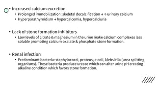 • Increased calcium excretion
• Prolonged immobilization: skeletal decalcification → ↑ urinary calcium
• Hyperparathyroidism → hypercalcemia, hypercalciuria
• Lack of stone formation inhibitors
• Low levels of citrate & magnesium in the urine make calcium complexes less
soluble promoting calcium oxalate & phosphate stone formation.
• Renal infection
• Predominant bacteria: staphylococci, proteus, e.coli, klebsiella (urea splitting
organisms). These bacteria produce urease which can alter urine pH creating
alkaline condition which favors stone formation.
 