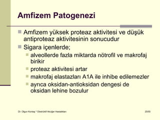Amfizem Patogenezi
 Amfizem yüksek proteaz aktivitesi ve düşük
  antiproteaz aktivitesinin sonucudur
 Sigara içenlerde;
           alveollerde fazla miktarda nötrofil ve makrofaj
            birikir
           proteaz aktivitesi artar
           makrofaj elastazları A1A ile inhibe edilemezler
           ayrıca oksidan-antioksidan dengesi de
            oksidan lehine bozulur


Dr. Olgun Kontaş * Obstrüktif Akciğer Hastalıkları       25/55
 