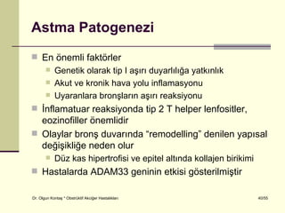 Astma Patogenezi
 En önemli faktörler
    Genetik olarak tip I aşırı duyarlılığa yatkınlık
    Akut ve kronik hava yolu inflamasyonu
    Uyaranlara bronşların aşırı reaksiyonu

 İnflamatuar reaksiyonda tip 2 T helper lenfositler,
  eozinofiller önemlidir
 Olaylar bronş duvarında “remodelling” denilen yapısal
  değişikliğe neden olur
           Düz kas hipertrofisi ve epitel altında kollajen birikimi
 Hastalarda ADAM33 geninin etkisi gösterilmiştir

Dr. Olgun Kontaş * Obstrüktif Akciğer Hastalıkları                     40/55
 