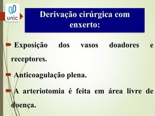 REVASCULARIZAÇÃO
 A escolha ideal do enxerto depende da localização anatômica, do
tamanho e do meio hemodinâmico e da revascularização.
 Complicações: oclusão, hemorragia e infecção do enxerto.
 