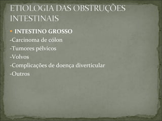 INTESTINO GROSSO -Carcinoma de cólon -Tumores pélvicos -Volvos -Complicações de doença diverticular -Outros 