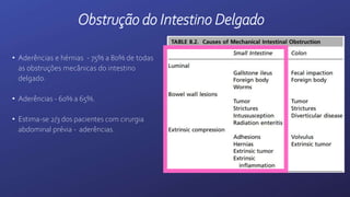 • Aderências e hérnias - 75% a 80% de todas
as obstruções mecânicas do intestino
delgado.
• Aderências - 60% a 65%.
• Estima-se 2/3 dos pacientes com cirurgia
abdominal prévia - aderências.
Obstrução do Intestino Delgado
 