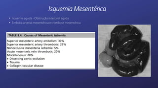 • Isquemia aguda - Obstrução intestinal aguda
• Embolia arterial mesentérica e trombose mesentérica
Isquemia Mesentérica
 