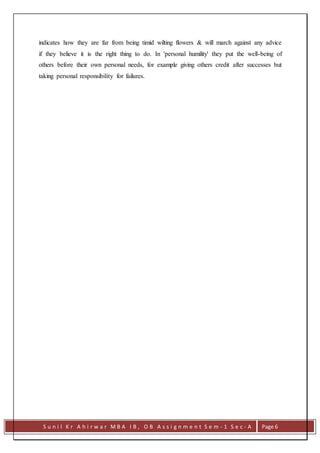S u n i l K r A h i r w a r M B A I B , O B A s s i g n m e n t S e m - 1 S e c - A Page 6
indicates how they are far from being timid wilting flowers & will march against any advice
if they believe it is the right thing to do. In 'personal humility' they put the well-being of
others before their own personal needs, for example giving others credit after successes but
taking personal responsibility for failures.
 