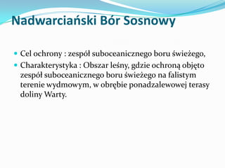 Nadwarciański Bór Sosnowy
 Cel ochrony : zespół suboceanicznego boru świeżego,
 Charakterystyka : Obszar leśny, gdzie oc...