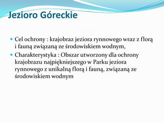 Jezioro Góreckie
 Cel ochrony : krajobraz jeziora rynnowego wraz z florą

i fauną związaną ze środowiskiem wodnym,
 Char...