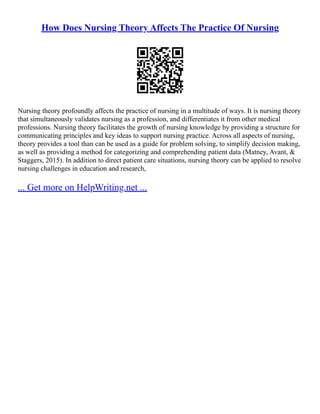 How Does Nursing Theory Affects The Practice Of Nursing
Nursing theory profoundly affects the practice of nursing in a multitude of ways. It is nursing theory
that simultaneously validates nursing as a profession, and differentiates it from other medical
professions. Nursing theory facilitates the growth of nursing knowledge by providing a structure for
communicating principles and key ideas to support nursing practice. Across all aspects of nursing,
theory provides a tool than can be used as a guide for problem solving, to simplify decision making,
as well as providing a method for categorizing and comprehending patient data (Matney, Avant, &
Staggers, 2015). In addition to direct patient care situations, nursing theory can be applied to resolve
nursing challenges in education and research,
... Get more on HelpWriting.net ...
 