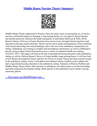 Middle Range Nursing Theory Summary
Middle–Range Theory Application to Practice There are many issues in nursing that we, as nurses,
can have a profound impact on changing. Using nursing theory, we can improve clinical practice
and thereby positively influence the health and quality of individuals (McEwen & Wills, 2014).
Benner's theory of Novice to Expert illustrates how nurses evolve through clinical experience and
education to become expert clinicians. Theory can be used to guide nursing practice when combined
with clinical knowledge and critical thinking; such is the case in the ambulatory (outpatient) care
setting. Ambulatory care nursing is complex and encompasses autonomous, as well as collaborative
practice using evidence based information across a variety of outpatient health care settings
(AAACN, 2017). This paper will look at the lack of specialized nursing education in the ambulatory
setting, as well as, Patricia Benner's Novice to Expert middle–range nursing theory. It will also look
at how Benner developed her theory and how her Novice to Expert Theory has been used previously
in the ambulatory setting. Lastly, I will address how Benner's theory could be used to address the
lack of specialized nursing education in the ambulatory setting. Summary of Practice Problem and
Middle–Range Theory Nurses that transition to ambulatory care often expect to use the knowledge
and skills acquired in the hospital setting. Skills specific to the ambulatory nurse include: nursing
autonomy, patient
... Get more on HelpWriting.net ...
 