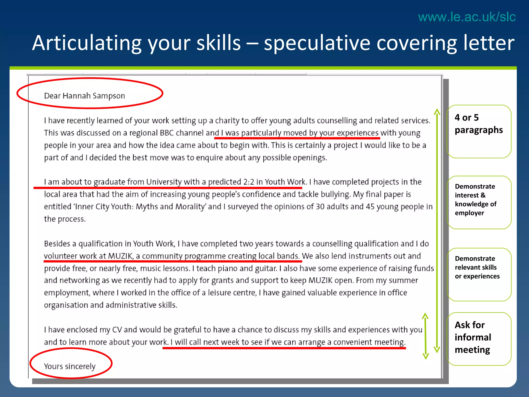 Articulating your skills – speculative covering letter 4 or 5 paragraphs  Demonstrate interest & knowledge of employer Demonstrate relevant skills or experiences  Ask for informal meeting 