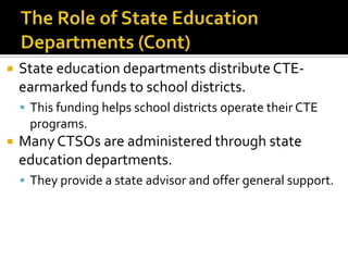    State education departments distribute CTE-
    earmarked funds to school districts.
     This funding helps school districts operate their CTE
     programs.
   Many CTSOs are administered through state
    education departments.
     They provide a state advisor and offer general support.
 
