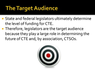    State and federal legislators ultimately determine
    the level of funding for CTE.
   Therefore, legislators are the target audience
    because they play a large role in determining the
    future of CTE and, by association, CTSOs.
 
