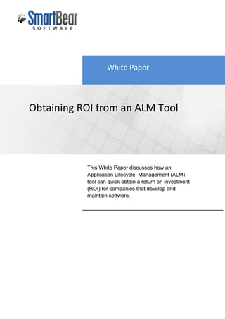 -438150-688975  <br />This White Paper discusses how an Application Lifecycle  Management (ALM) tool can quick obtain a return on investment (ROI) for companies that develop and maintain software.   White PaperObtaining ROI from an ALM Tool<br />  Narrative<br />Companies that develop and maintain software can dramatically improve their processes, obtain higher quality, and quicken their software releases by using a tool that manages the Application Lifecycle Cycle (ALM).   Most companies will obtain a return on investment (ROI) within about a year of purchasing an ALM tool.  <br />This white paper discusses the types of process improvements that are available and how to quickly obtain a return on investment.  This white paper focuses on:<br />How to deliver software releases more quickly, cost effectively, and in a repeatable fashion<br />How to deliver higher quality software releases that result in less production support<br />How to improve team member collaboration, communication, morale, and skill sets<br />How to obtain metrics that allow you  to continually improve your software releases<br />Process Improvements<br />Improving your processes involves instituting development methodologies and using tools to drive these processes.    From a process perspective, below are some best practices that should be considered when evaluating your current development process:<br />Create a Product Backlog – As enhancement requests and new requirements arrive for your software products, it is wise to create a product backlog.  The product backlog identifies all requested enhancements to your product line so that you can identify, prioritize, estimate and determine the marketability of each backlog item.  Once a product backlog is approved, it will move to the requirements stage.<br />Create Solid Requirements – Once requirements are identified, it is best to create well defined requirement documents that include screen shots and prototypes.<br />Improved Test Case Management – Upon defining and approving a requirement, your QA team should a set of test cases for each requirement and have key individuals review the test cases to ensure they have traceability (test cases cover all features of the requirement), testability and depth.<br />Publish Test Cases before Coding Begins – Before coding begins on a requirement, the QA team should have all test cases defined for the requirement.  It is important to require that the programmer run the defined test cases before releasing the code for QA.  This normally results in a 30% time savings in the QA cycle because re-work is minimized.<br />Daily Meetings – It is wise to implement a daily meeting that lasts between 15 and 30 minutes and is done at the beginning of each day.  The programming lead, test lead, project manager and product owner should attend the daily meeting.  In the meeting, the team should discuss the estimated hours remaining on each requirement, time entry, and defect statistics. Ask each member what they did since the last meeting, what they will do before the next meeting and discuss any impediments they are encountering.  This daily meeting provides immediate transparency to the development process and can reduce the project lifecycle by as much as 20%.<br />Require Daily Time Entry – It is important that each team member enter their hours at the end of each day.  For each task worked on, they will record hours worked and estimated hours remaining (this should automatically calculate percentage complete).  This ensures that each person works optimally and reduces the time spent in the development lifecycle.<br />Implement a Support Ticket Management System – A Support Ticket management system allows clients and internal staff to log support issues and enhancement requests.  It should allow them to track the status of each ticket online and should be used to send surveys so that you can track how well your support team is providing customer support.  This can dramatically improve your customer relationships.<br />Use Discussion Forums – For each release of software that is produced, it is important to create a threaded discussion forum that allows team members to ask questions and get answers.  These can be questions/answers about features, development status, code builds, etc.  This will ensure all team members work in a collaborative way.<br />Implement Automated Testing – You can dramatically reduce the hours needed to perform regression testing on each software release by creating automated test cases that are run upon each build.  By doing this, you can reduce regression testing from days to minutes.   You should analyze the result of each automated test run and launch test runs on demand. <br />Using an Application Lifecycle Management (ALM) Tool<br />Once your software process has been optimized, you should consider using an ALM tool to manage the process.  This can dramatically improve communication and analytics.  Software Planner (http://www.SoftwarePlanner.com) is an ALM tool that can manage this process.   It can help in the following ways:<br />Project Management – Using Software Planner, you can manage all software projects across all teams and obtain visibility and metrics across all your projects.  You can track the status, hours logged, variances and percentage complete of all projects and individual tasks within <br />,[object Object],Quality Management – Software Planner allows entering/tracking of requirements, enhancement requests, and product backlogs.  By keeping these online, you can analyze the scope, size, status of your requirements, and plan future releases.  Your quality assurance (QA) team can use it to create test cases for each requirement and quickly view traceability to ensure all requirements are fully tested.  The QA team will collaborate with the programming staff by tracking the status and resolution of all defects that are found during testing.<br />Support Management – Software Planner provides a support ticket management tool that allows clients and internal staff to log support issues and enhancement requests.  It allows them to track the status of each ticket online and can be used to send surveys so that you can track how well your support team is providing customer support.  You can trend support tickets over time to see if you are getting more or less support tickets over time.<br />Automated Test Integration – Software Planner integrates with all the major automated testing tools including HP Quick Test Pro, HP Win Runner, Automated QA Test Complete, Rational Robot, and Rational Functional Test.   By integrating automated testing into Software Planner, you can launch the tests from within Software Planner, create test sets, analyze the results (which tests passed or failed), and automatically send emails upon test completion.  You can also trend these results using graphical dashboards.<br />Management Reporting – Software Planner has a myriad of different reports that can aid in improving your processes.  You can view dashboards that show the progress of each project underway, identify slipping tasks by assignee or project manager, trend test case progress over time (how many test cases are awaiting run vs. passed vs. failed), trend defects over time, and trend support tickets.  You can also analyze current requirements, test cases, and defects.  Reporting is key for obtaining the metrics for the daily meetings, to ascertain the progress of each release, and to document the metrics– allowing you to drive process improvement.<br />Return on Investment<br />You should see a return on investment within a year of implementing the new processes and tools.   This will be achieved by:<br />Better Marketability –Your software releases will more closely match what your clients need and will be more marketable, allowing you to capture better market share.<br />Higher quality releases – Your software releases will have fewer bugs and require less customer support because they will be of higher quality.<br />Happier Customers – Your customers will be happier and more willing to serve as testimonials for future prospects.  <br />Better Staff Retention – By providing state-of-the-art project management and empowering team members to contribute at a higher level in software projects, your technical staff will be happier, feel more empowered, and will learn valuable skills that will continue to pay dividends over time.<br />Software Planner Features<br />Software Planner provides many tools for helping you improve your software processes.   <br />Analyzing Requirements and Product Backlog<br />You will able to track product backlog and detailed requirements.<br />You can track product backlog and requirements<br />Analyze status of requirements and product backlog<br />Project Management<br />You can manage all software projects across all teams and obtain visibility and metrics across all your projects.  You can track the status, hours logged, variances and percentage complete of all projects and individual tasks within each project.  You can quickly identify slipping tasks and who is causing the slippage – so that you can give them help before it impacts others.<br />Provide project management for all projects<br />Analyze all projects at a glance, including professional services.<br />Analyze tasks that are slipping and who is causing the slippage<br />Timesheet reports show who worked on what<br />Variance Reports show estimated vs. actual hours and costs<br />Test Case trending shows test cases awaiting run vs. passed vs. failed<br />Defect Trending shows how well your testing effort is progressing<br />Support Management<br />Software Planner provides a support ticket management tool that allows clients and internal staff to log support issues and enhancement requests.  It allows them to track the status of each ticket online and can be used to send surveys so that you can track how well your support team is providing customer support.  You can trend support tickets over time to see if you are getting more or less support tickets over time.<br />You can add a support link from your website, allowing clients to enter support tickets.   You can    either force them to log in (for extended support) or not require a login.  Below is how they have implemented this for one of their other clients (First Choice Power):<br /> Clients go to the First Choice Power website and click the Support link, and then they log in:<br />Once logged in, they see a branded support page (it will be branded to your company):<br /> Once the ticket is added, it shows the client the ticket number:<br /> The client and your support team are notified via email of the ticket:<br />     <br />The client can check the status of their ticket online at any time:<br />The ticket flows inside of Software Planner, allowing you to analyze and track the tickets:<br />You will also be able to analyze tickets over time:<br />Automated Test Integration<br />Software Planner integrates with our awarding winning Test Automation tool, TestComplete (http://www.testcomplete.com).    By integrating automated testing into Software Planner, you can launch the tests from within Software Planner, analyze the results (which tests passed or failed), create test sets, and automatically send emails upon test completion.  You can also trend these results using graphical dashboards and scheduler tests to run unattended.   For more information on the integration view the User’s Guide at http://www.softwareplanner.com/UsersGuide_TC.pdf. <br />Learn More<br />If you wish to learn more about Software Planner, request a free a trial, or receive a personalized demo of the product, contact SmartBear Software at +1 303-768-7480.  You can also learn more at http://www.SoftwarePlanner.com. <br />SmartBear Software+ 1 978.236.7900www.smartbear.comAbout SmartBear SoftwareSmartBear Software provides enterprise-class yet affordable tools for development teams that care about software quality and performance. Our collaboration, performance profiling, and testing tools help more than 100,000 developers and testers build some of the best software applications and websites in the world. Our users can be found in small businesses, Fortune 100 companies, and government agencies.       © 2011 SmartBear Software. All rights reserved.  All other product/brand names are trademarks of their respective holders.              © 2011 SmartBear Software. All rights reserved.  All other product/brand names are trademarks of their respective holders. <br />