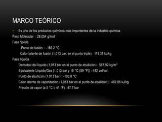 MARCO TEÓRICO
•   Es uno de los productos químicos más importantes de la industria química.
Peso Molecular : 28.054 g/mol
Fase Sólida
      Punto de fusión : -169.2 °C
     Calor latente de fusión (1,013 bar, en el punto triple) : 119.37 kJ/kg
Fase líquida
    Densidad del líquido (1.013 bar en el punto de ebullición) : 567.92 kg/m 3
    Equivalente Líquido/Gas (1.013 bar y 15 °C (59 °F)) : 482 vol/vol
    Punto de ebullición (1.013 bar) : -103.8 °C
    Calor latente de vaporización (1.013 bar en el punto de ebullición) : 482.86 kJ/kg
    Presión de vapor (a 5 °C o 41 °F) : 47.7 bar
 