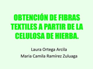 OBTENCIÓN DE FIBRAS
TEXTILES A PARTIR DE LA
CELULOSA DE HIERBA.
Laura Ortega Arcila
Maria Camila Ramírez Zuluaga

 