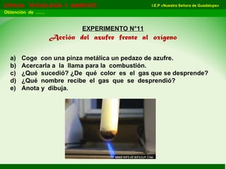 I.E.P «Nuestra Señora de Guadalupe»CIENCIA TECNOLOGÍA Y AMBIENTE
Obtención de ……
EXPERIMENTO N°11
Acción del azufre frente al oxígeno
a) Coge con una pinza metálica un pedazo de azufre.
b) Acercarla a la llama para la combustión.
c) ¿Qué sucedió? ¿De qué color es el gas que se desprende?
d) ¿Qué nombre recibe el gas que se desprendió?
e) Anota y dibuja.
 