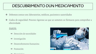 DESCUBRIMENTO DUN MEDICAMENTO
❖ Debemos contar con: laboratorios, médicos, pacientes e autoridades
❖ Cadea de seguridad: Proceso rigoroso ao que se someten os fármacos para comprobar a
efectividade
PASOS:
➔ Detección de necesidades
➔ Investigación
➔ Desenvolvemento humanista
➔ Promoción
 