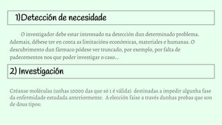 1)Detección de necesidade
O investigador debe estar interesado na detección dun determinado problema.
Ademais, débese ter en conta as limitacións económicas, materiales e humanas. O
descubrimento dun fármaco pódese ver truncado, por exemplo, por falta de
padecementos nos que poder investigar o caso...
2) Investigación
Créanse moléculas (unhas 10000 das que só 1 é válida) destinadas a impedir algunha fase
da enfermidade estudada anteriormente. A elección faise a través dunhas probas que son
de dous tipos:
 