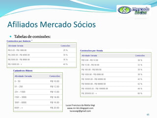 Afiliados Mercado Sócios
Lucas Francisco da Matta Vegi
www.mr-bin.blogspot.com
lucasvegi@gmail.com
45
 Tabelas de comissões:
 