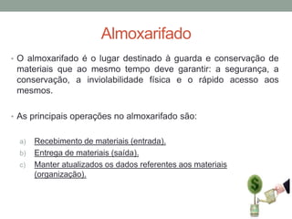 Almoxarifado
• O almoxarifado é o lugar destinado à guarda e conservação de

materiais que ao mesmo tempo deve garantir: a segurança, a
conservação, a inviolabilidade física e o rápido acesso aos
mesmos.
• As principais operações no almoxarifado são:
a)
b)
c)

Recebimento de materiais (entrada).
Entrega de materiais (saída).
Manter atualizados os dados referentes aos materiais
(organização).

 