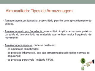 Almoxarifado: Tipos de Armazenagem
• Armazenagem por tamanho: esse critério permite bom aproveitamento do

espaço.
• Armazenamento por frequência: esse critério implica armazenar próximo

da saída do almoxarifado os materiais que tenham maior frequência de
movimento.
• Armazenagem especial, onde se destacam:
• os ambientes climatizados;
• os produtos inflamáveis, que são armazenados sob rígidas normas de

segurança;
• os produtos perecíveis ( método FIFO).

 