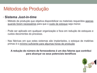 Métodos de Produção
• Sistema Just-in-time
• Método de produção que objetiva disponibilizar os materiais requeridos apenas

quando forem necessários para que o custo de estoque seja menor.
• Pode ser aplicado em qualquer organização e foca em redução de estoques e

custos decorrentes do processo.
• Nas fábricas em que estes sistemas são implantados, o estoque de matérias

primas é o mínimo suficiente para algumas horas de produção
A redução do número de fornecedores é um dos fatores que contribui
para alcançar os seus potenciais benéficos

 