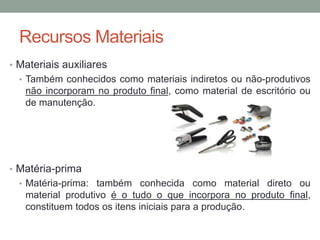 Recursos Materiais
• Materiais auxiliares
• Também conhecidos como materiais indiretos ou não-produtivos

não incorporam no produto final, como material de escritório ou
de manutenção.

• Matéria-prima
• Matéria-prima: também conhecida como material direto ou

material produtivo é o tudo o que incorpora no produto final,
constituem todos os itens iniciais para a produção.

 