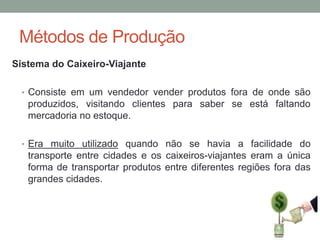 Métodos de Produção
Sistema do Caixeiro-Viajante
• Consiste em um vendedor vender produtos fora de onde são

produzidos, visitando clientes para saber se está faltando
mercadoria no estoque.
• Era muito utilizado quando não se havia a facilidade do

transporte entre cidades e os caixeiros-viajantes eram a única
forma de transportar produtos entre diferentes regiões fora das
grandes cidades.

 