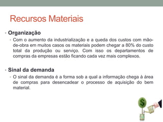 Recursos Materiais
• Organização
• Com o aumento da industrialização e a queda dos custos com mãode-obra em muitos casos os materiais podem chegar a 80% do custo
total da produção ou serviço. Com isso os departamentos de
compras da empresas estão ficando cada vez mais complexos.

• Sinal da demanda
• O sinal da demanda é a forma sob a qual a informação chega à área
de compras para desencadear o processo de aquisição do bem
material.

 