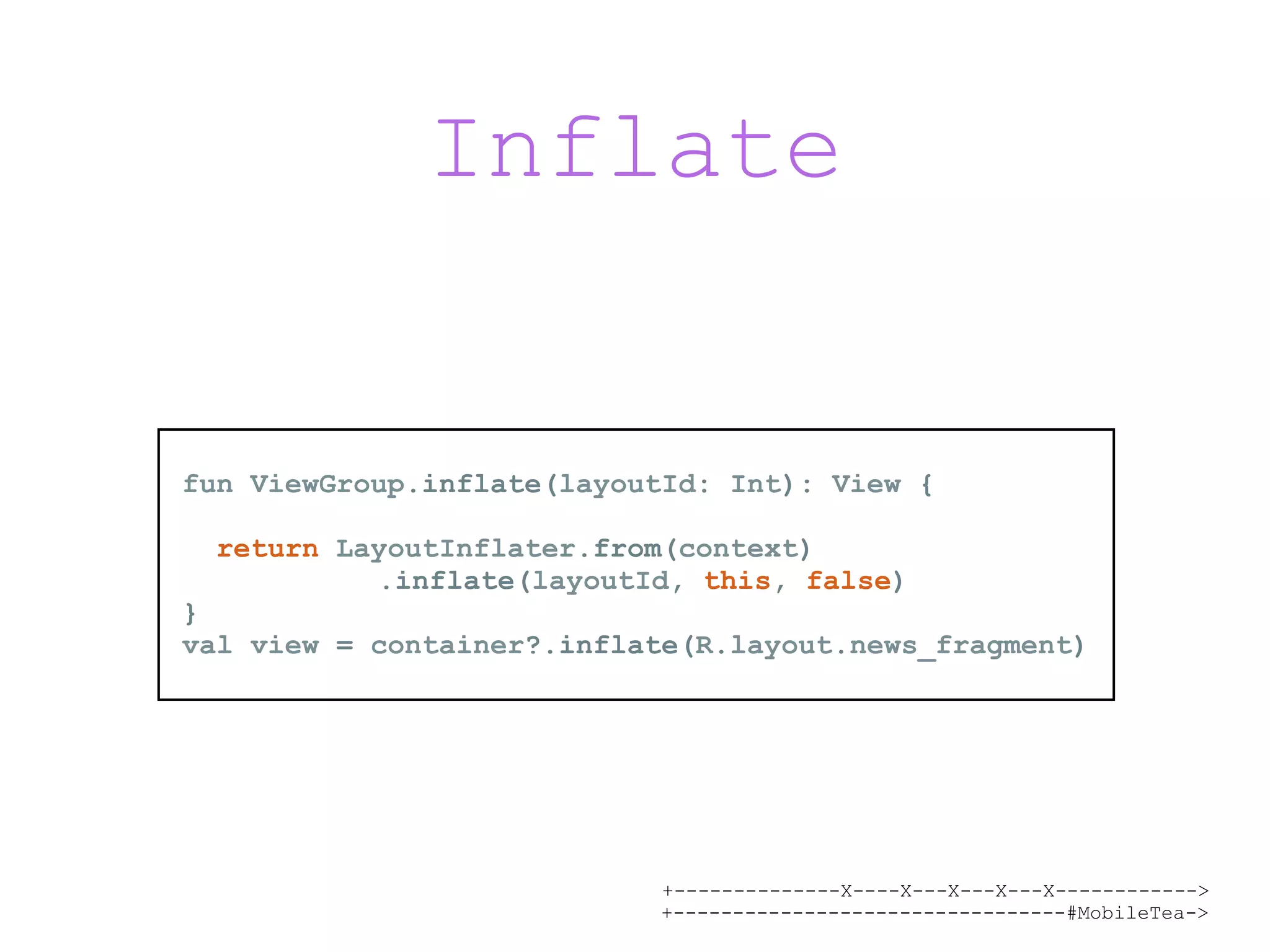 +--------------X----X---X---X---X------------> +---------------------------------#MobileTea-> Inflate fun ViewGroup.inflate(layoutId: Int): View { return LayoutInflater.from(context) .inflate(layoutId, this, false) } val view = container?.inflate(R.layout.news_fragment) 