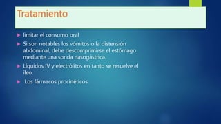  limitar el consumo oral
 Si son notables los vómitos o la distensión
abdominal, debe descomprimirse el estómago
mediante una sonda nasogástrica.
 Líquidos IV y electrólitos en tanto se resuelve el
íleo.
 Los fármacos procinéticos.
 