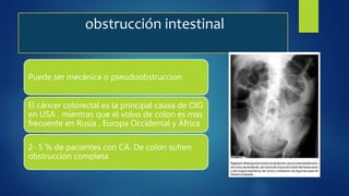 obstrucción intestinal
Puede ser mecánica o pseudoobstruccion
El cáncer colorectal es la principal causa de OIG
en USA , mientras que el volvo de colon es mas
frecuente en Rusia , Europa Occidental y África
2- 5 % de pacientes con CA. De colon sufren
obstrucción completa
 