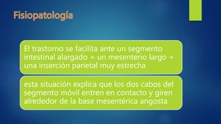 El trastorno se facilita ante un segmento
intestinal alargado + un mesenterio largo +
una inserción parietal muy estrecha
esta situación explica que los dos cabos del
segmento móvil entren en contacto y giren
alrededor de la base mesentérica angosta
 