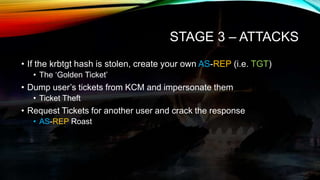 STAGE 3 – ATTACKS
• If the krbtgt hash is stolen, create your own AS-REP (i.e. TGT)
• The ‘Golden Ticket’
• Dump user’s ti...