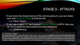 STAGE 5 - ATTACKS
• If you know the shared secret of the service account, you can make
your own Service Tickets to that se...