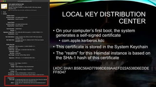 LOCAL KEY DISTRIBUTION
CENTER
• On your computer’s first boot, the system
generates a self-signed certificate
• com.apple....