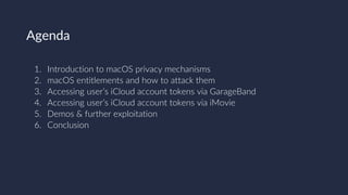 Agenda
1. Introduction to macOS privacy mechanisms
2. macOS entitlements and how to attack them
3. Accessing user’s iCloud...