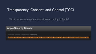 Transparency, Consent, and Control (TCC)
What resources are privacy-sensitive according to Apple?
 
