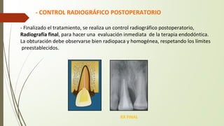 - CONTROL RADIOGRÁFICO POSTOPERATORIO
RX FINAL
- Finalizado el tratamiento, se realiza un control radiográfico postoperatorio,
Radiografía final, para hacer una evaluación inmediata de la terapia endodóntica.
La obturación debe observarse bien radiopaca y homogénea, respetando los límites
preestablecidos.
 