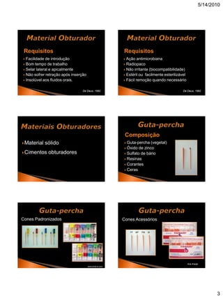5/14/2010




 Requisitos                                             Requisitos
 Facilidade de introdução                               Ação antimicrobiana
 Bom tempo de trabalho                                  Radiopaco
 Selar lateral e apicalmente                            Não irritante (biocompatibilidade)
 Não sofrer retração após inserção                      Estéril ou facilmente esterilizável
 Insolúvel aos fluidos orais.                           Fácil remoção quando necessário


                                    De Deus, 1992.                                         De Deus, 1992.




                                                         Composição
 Material       sólido                                   Guta-percha (vegetal)
                                                          Óxido de zinco
 Cimentos            obturadores                         Sulfato de bário
                                                          Resinas
                                                          Corantes
                                                          Ceras




Cones Padronizados                                      Cones Acessórios

       25   35   40                                          FF   MF   FM   M




                                                                                                Ana Araújo
                                       www.endo-e.com




                                                                                                                3
 