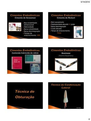 5/14/2010




 Boa estabilidade       Bom escoamento
  dimensional            Radiopacidade elevada   prata
 Adesividade            Baixa desintegração

 Baixa solubilidade     Custo elevado

 Baixa desintegração    Tempo de endurecimento:

 Tempo de                       1hora
  endurecimento: 48h




                                                          Ana Araújo




                                                                          6
 