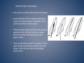 Dentin Chip Technique
– the canal is totally debrided and shaped
– Gates-Glidden drill or Hedstroem file is
used to produce dentin powder in the
central position of the canal
– These dentin chips may then be pushed
apically with the butt end of a paper
point and then the blunted tip of a
paper point
– They are finally packed into place at the
apex using a premeasured file one size
larger than the last apical enlarging
instrument
 