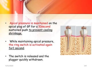 • Apical pressure is maintained on the
apical plug of GP for a 10second
sustained push to prevent cooling
shrinkage.
• While maintaining apical pressure,
the ring switch is activated again
for1 second.
• The switch is released and the
plugger quickly withdrawn.
5/11/2020 114
 