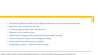 • Two distinctly different crystalline forms (alpha and beta) that can be converted into each other
• Alpha form comes directly from the tree
• Commercial gutta-percha beta crystalline form
• Difference in the crystalline lattice
• Heated material changes to the α phase and becomes pliable and tacky
• Increase in tackiness create a more homogeneous filling
• Can be made to flow when pressure is applied.
• Disadvantage α phase – material shrinks on setting.
Goodman A, Schilder H, Aldrich W. The thermomechanical properties of gutta percha. II. The history and molecular chemistry of gutta-percha. Oral Surg 1974;37:954
 