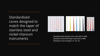 Standardized
cones designed to
match the taper of
stainless steel and
nickel-titanium
instruments
Standard gutta-percha cone sizes #15 to #40.
Standard cones #.06 taper sizes #15 to #40.
Standard cones Protaper F1, F2, F3.
 