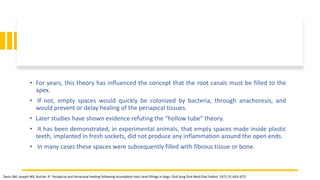 • For years, this theory has influenced the concept that the root canals must be filled to the
apex.
• If not, empty spaces would quickly be colonized by bacteria, through anachoresis, and
would prevent or delay healing of the periapical tissues.
• Later studies have shown evidence refuting the “hollow tube” theory.
• It has been demonstrated, in experimental animals, that empty spaces made inside plastic
teeth, implanted in fresh sockets, did not produce any inflammation around the open ends.
• In many cases these spaces were subsequently filled with fibrous tissue or bone.
Davis SM, Joseph WS, Bucher JF. Periapical and intracanal healing following incomplete root canal fillings in dogs. Oral Surg Oral Med Oral Pathol. 1971;31:662–675
 