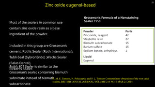 23
Zinc oxide eugenol-based
Grossman’s Formula of a Nonstaining
Sealer 1958
Most of the sealers in common use
contain zinc oxide resin as a base
ingredient of the powder.
Included in this group are Grossman’s
cement, Roth’s Sealer (Roth International),
Tubli-Seal (SybronEndo) ,Wachs Sealer
(Balas Dental),
Rickert’s Sealer.
Roth’s 801 Sealer is similar to the
Grossman’s sealer, containing bismuth
subnitrate instead of bismuth
subcarbonate.
R. M. E. Tomson, N. Polycarpou and P. L. Tomson Contemporary obturation of the root canal
system, BRITISH DENTAL JOURNAL VOLUME 216 NO. 6 MAR 21 2014
 