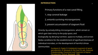 Primary functions of a root canal filling.
1, stop coronal leakage
2, entomb surviving microorganisms
3, prevent accumulation of stagnant fluid
Sundqvist G, Figdor D. Endodontic treatment of apical
periodontitis. In: Ørstavik D, Pitt Ford TR, eds. Essential
Endodontology. Prevention and Treatment of Apical
Periodontitis. Oxford: Blackwell, 1998.
3
INTRODUCTION
Directly: by actively killing microorganisms which remain or
which gain later entry to the pulp space, and
Ecologically: by denying nutrition, space to multiply, and correct
Redox conditions for the establishment of significant biomass of
individual microbes, or the development of harmful climax
communities
 